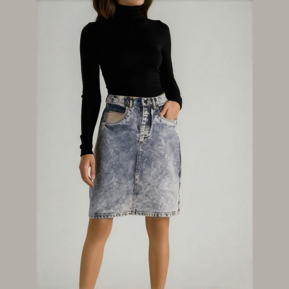 Vintage stonewashed Jean skirt with leather ADA Paris 90s 80s acid wash - Picture 1 of 10